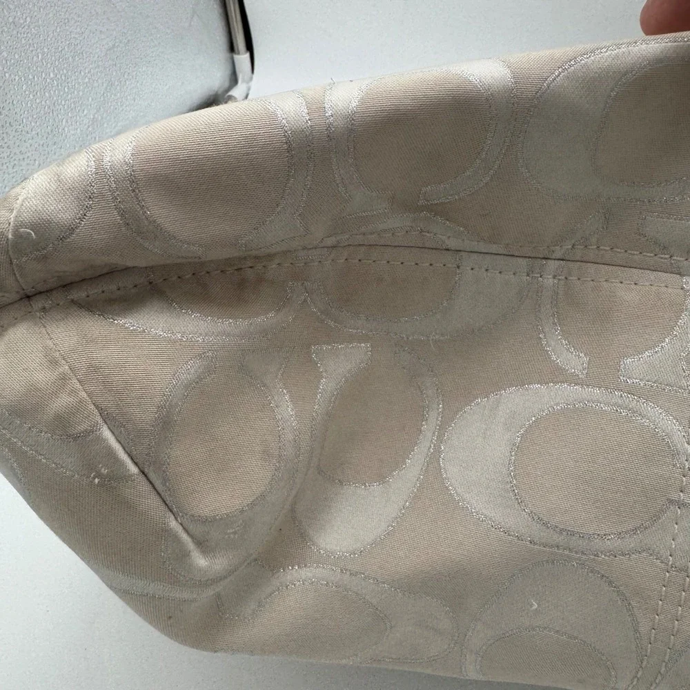 Vintage COACH Poppy Signature Sateen Glam Tote Bag White Silver Metallic 17x14